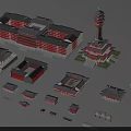 Ancient Chinese Architecture Complex With Traditional Red Buildings Tower And Courtyard Layout