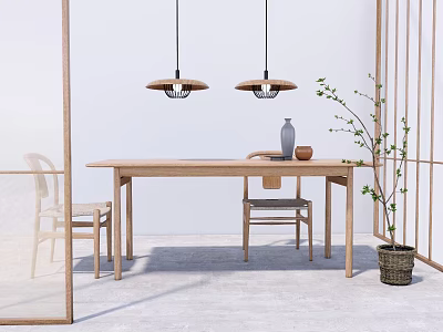Natural Style Wooden Dining Table Set with Chairs Pendant Lights Vase Bowl and Potted Plant 3d model