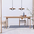 Natural Style Wooden Dining Table Set with Chairs Pendant Lights Vase Bowl and Potted Plant