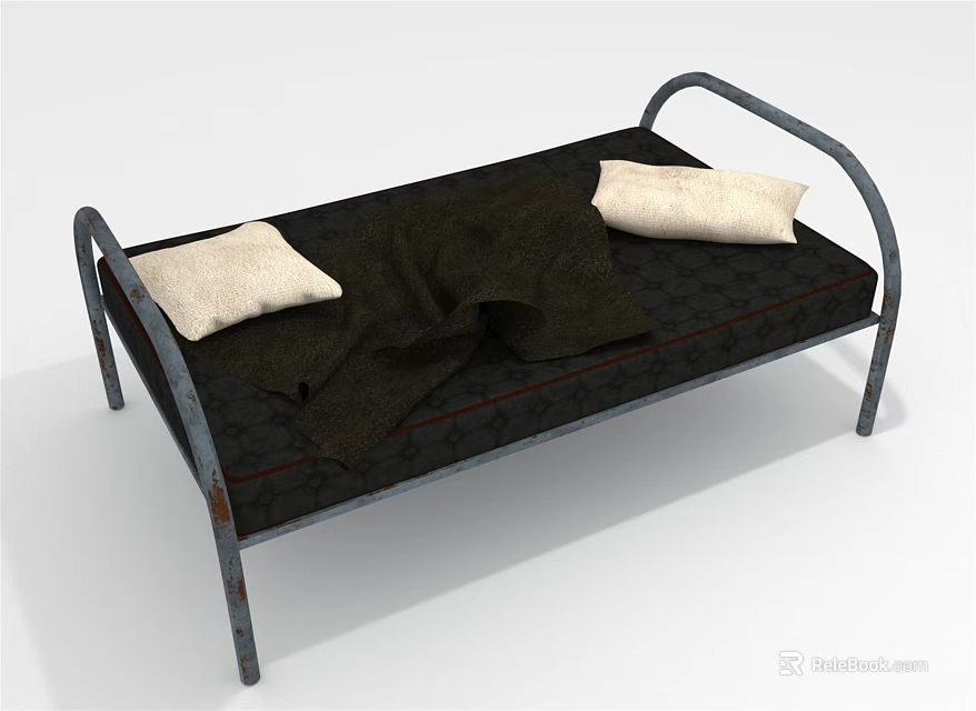 Single Bed Featuring Metal Curved Frame Dark Mattress Light Pillows And Blanket 3d model 