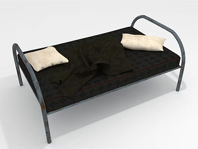 Single Bed Featuring Metal Curved Frame Dark Mattress Light Pillows And Blanket 3d model