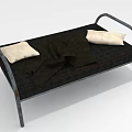 Single Bed Featuring Metal Curved Frame Dark Mattress Light Pillows And Blanket