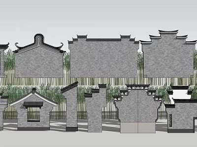 Traditional Scenic Wall With Classic Tile Roof Gray Brick And Bamboo Elements 3d model