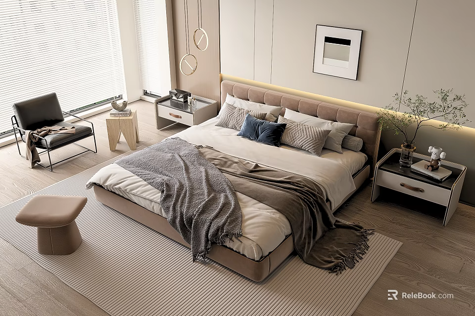 Modern Double Bed With Beige Upholstered Headboard Gray White Bedding And Nightstands 3d model 