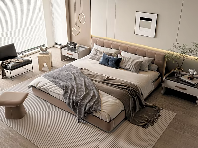Modern Double Bed With Beige Upholstered Headboard Gray White Bedding And Nightstands 3d model