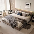 Modern Double Bed With Beige Upholstered Headboard Gray White Bedding And Nightstands