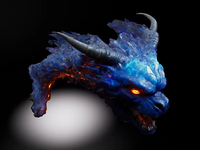 Fierce Blue Horned Game Movie Character With Glowing Eyes And Flaming Details 3d model