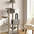Gray Plush Cat Tree With Platforms Hammock And Condo In Living Room Natural Light