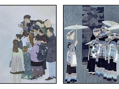 Figure Paintings Depicting Group Interaction And People In Traditional Costumes With Umbrellas In Rainy Scene 3d model