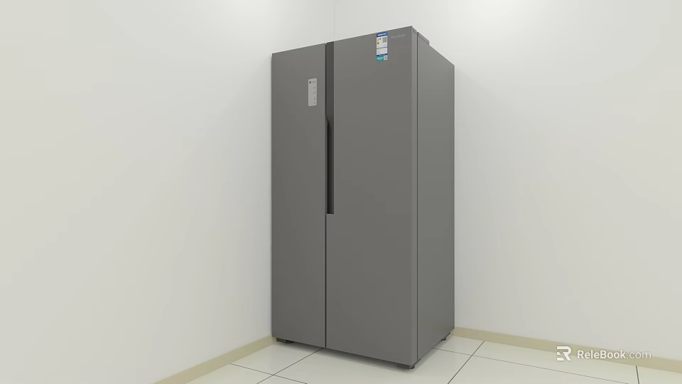 Modern Gray Double Door Refrigerator In White Room With Tiled Floor And Label 3d model 
