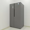 Modern Gray Double Door Refrigerator In White Room With Tiled Floor And Label