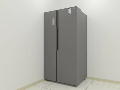 Modern Gray Double Door Refrigerator In White Room With Tiled Floor And Label 3d model