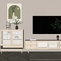 Modern White TV Stand With Drawers Glass Doors Decorative Painting Floor Lamp And Green Plants