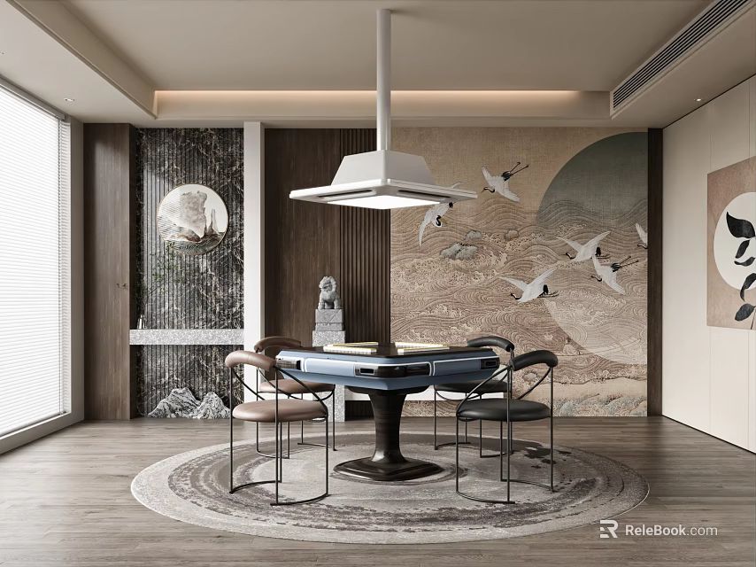 Traditional Chinese Style Leisure Space With Crane Wall Art And Round Table 3d model 