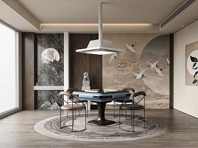Traditional Chinese Style Leisure Space With Crane Wall Art And Round Table 3d model
