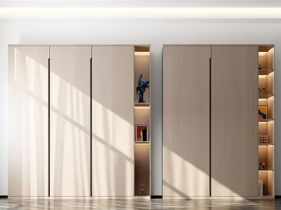 Modern Light Wood Wardrobe With Sliding Doors Open Shelves Built in Lighting And Decorative Items 3d model