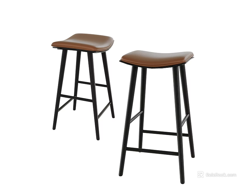 Modern Bar Stools With Brown Leather Seats And Black Metal Legs 3d model 