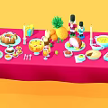 Red Tablecloth Dining Table With Assorted Foods Fruits Drinks And Candles