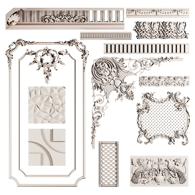 Intricate Decorative Carving Designs with Vintage Frames Ornate Patterns and Artistic Details 3d model 