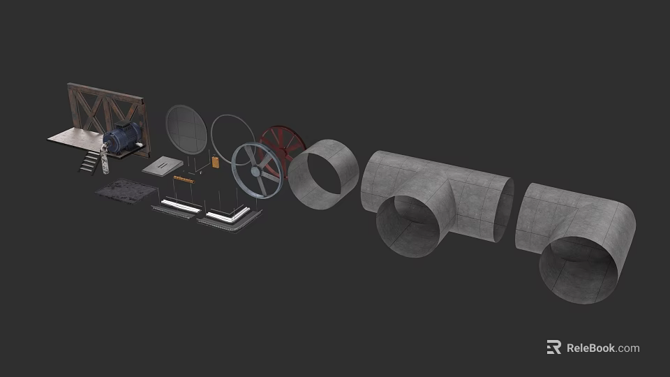 Industrial Factory Featuring Large Pipes Metal Wheels and Structural Components 3d model