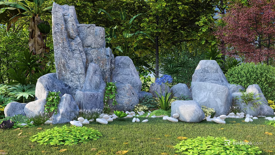 Garden Rock Ornament with Large Gray Stones Green Grass Small Pebbles and Trees 3d model 