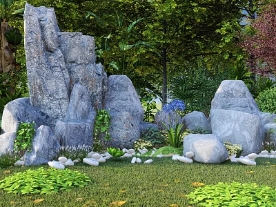 Garden Rock Ornament with Large Gray Stones Green Grass Small Pebbles and Trees 3d model