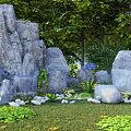 Garden Rock Ornament with Large Gray Stones Green Grass Small Pebbles and Trees