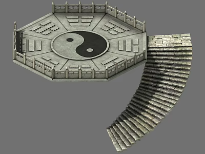 Cartoon Scene Of Octagonal Platform With Yin Yang Symbol Railing And Spiral Staircase 3d model