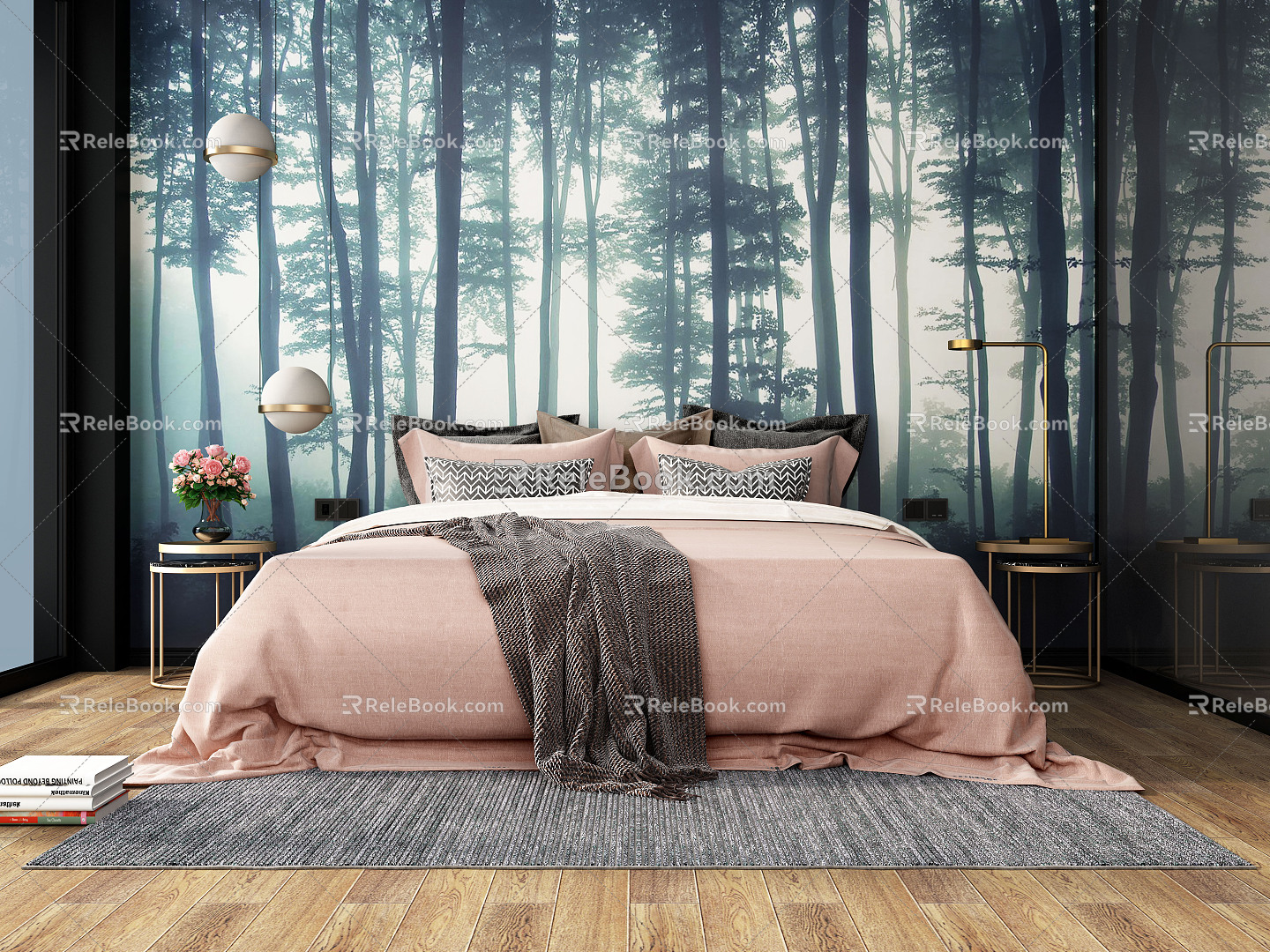 Modern background double bed forest system 3d model