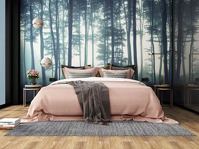 Double Bed With Forest Background Wall Modern Interior Design Pink Quilt Gray Throw And Pillows 3d model
