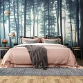 Double Bed With Forest Background Wall Modern Interior Design Pink Quilt Gray Throw And Pillows