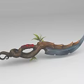 Decorative Curved Blade Weapon With Wooden Handle Red Band And Green Leaves
