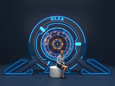 Future Technology Circular Display With Neon Lights And Woman Sitting 3d model