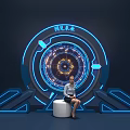 Future Technology Circular Display With Neon Lights And Woman Sitting 3d model
