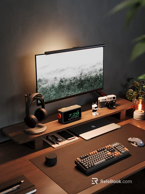 Organized Wooden Desk Setup With Computer Monitor Headphones Alarm Clock And Camera 3d model 