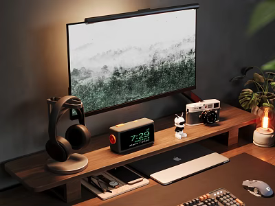 Organized Wooden Desk Setup With Computer Monitor Headphones Alarm Clock And Camera 3d model