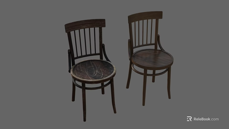 Two Wooden Dining Chairs with Vertical Slat Backrest and Curved Legs in Dark Brown 3d model 