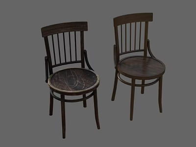 Two Wooden Dining Chairs with Vertical Slat Backrest and Curved Legs in Dark Brown 3d model
