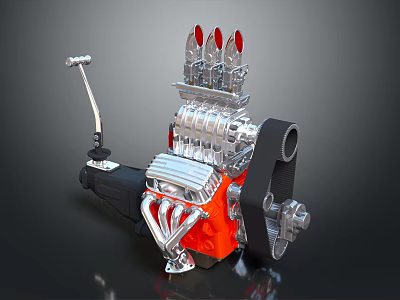 High Performance Red Engine With Chrome Intake Manifold Exhaust Pipes Pulley And Lever 3d model