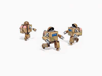 Three Cute Cardboard Robot Game Movie Characters Walking With Simple Design 3d model