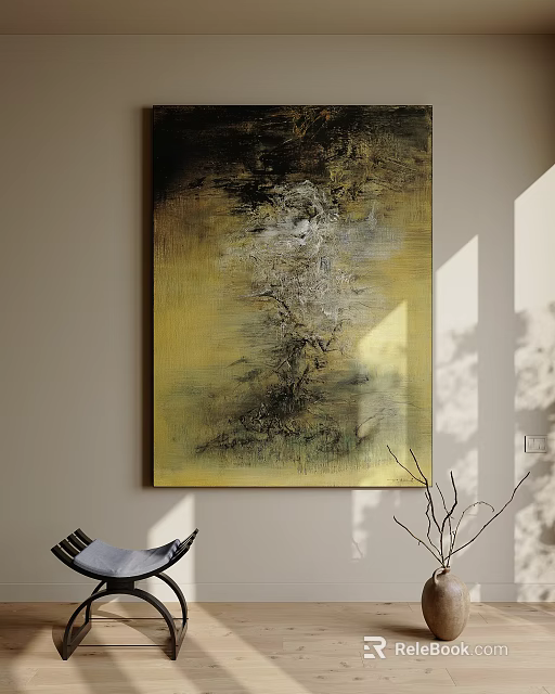 Textured Abstract Painting With Yellow Tones And Dark Brushstrokes On Home Interior Wall 3d model 