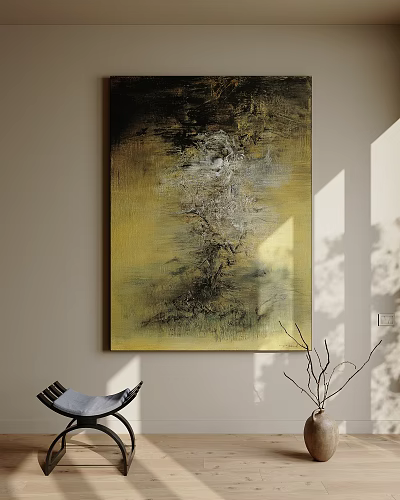 Textured Abstract Painting With Yellow Tones And Dark Brushstrokes On Home Interior Wall 3d model