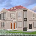 Elegant Detached Villa Featuring Red Roof Large Windows and Green Lawn with White Fence