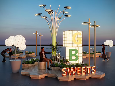 Outdoor Dessert Display Area With Illuminated SWEETS Sign Decorative Lights And Evening Sky Setting 3d model