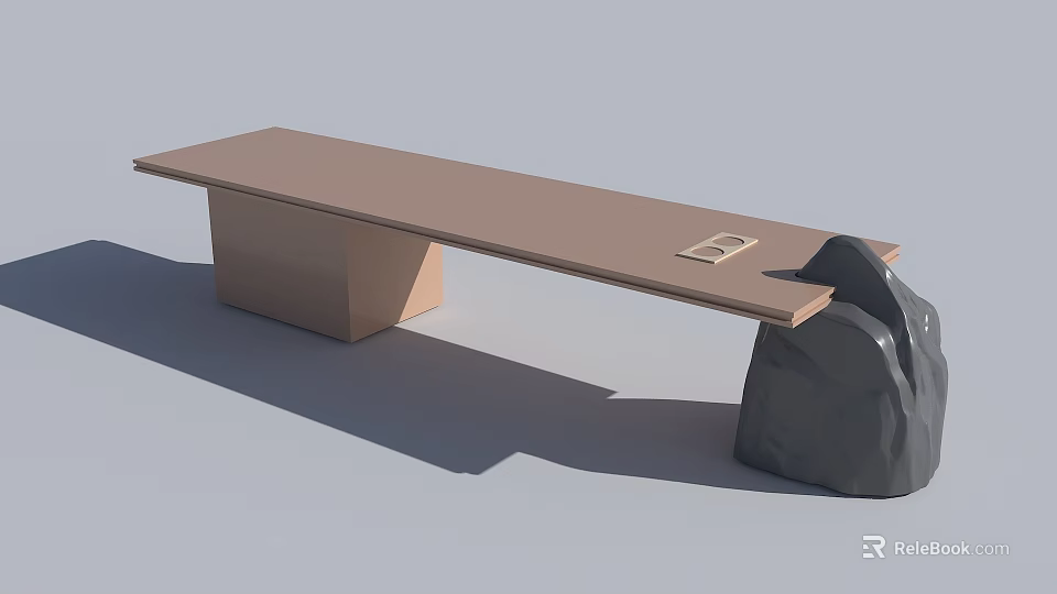 Light Brown Long Table With Geometric Base And Small Object Beside Black Stone Like Object 3d model