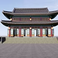 Ancient Chinese Architecture With Double Layered Roof Red Columns Green Windows And Stone Base Lanterns