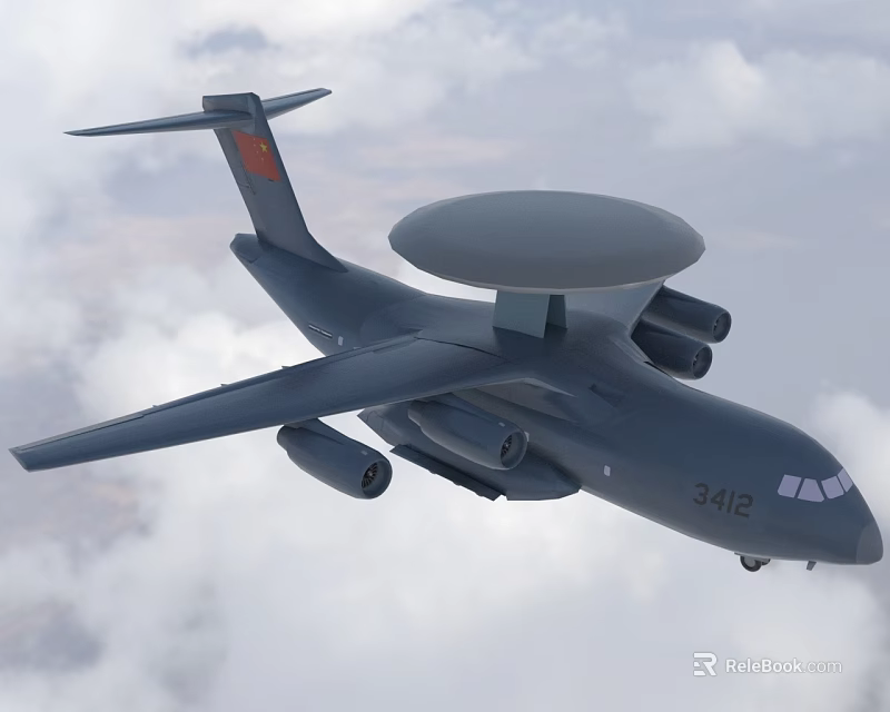 Airborne Early Warning Aircraft Flying With Radar Dome And Registration Number 3412 In Sky 3d model 
