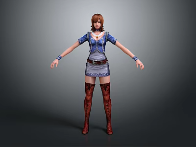 Game and Movie Female Character With Brown Hair Blue Top White Skirt Red Patterned Stockings 3d model