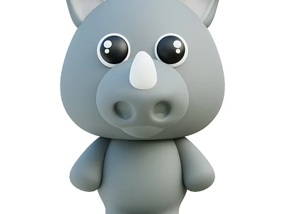 Cute Gray 3D Cartoon Rhino Character With Big Eyes And White Horn 3d model