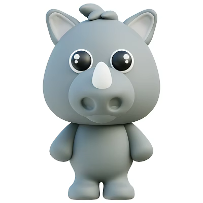 Cute Gray 3D Cartoon Rhino Character With Big Eyes And White Horn 3d model
